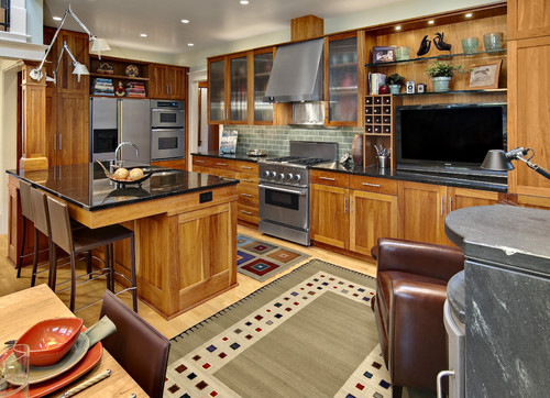 Black Granite Countertops Light Wood Floor White Backsplash White Cabinets White Subway Tile Backsplash Wooden Floor Natural Stone Classic Style